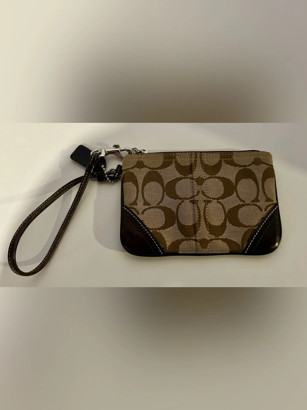 Coach Signature Logo Small Brown Zip Wristlet